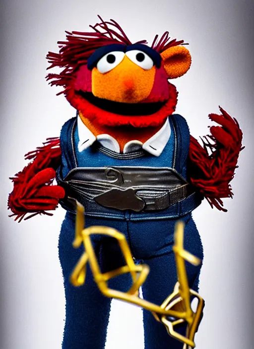 Prompt: studio portrait still of muppet!!!!! bucky barnes with one metal arm!!!!!! as a muppet muppet as a muppet, 8 k, studio lighting, key light,