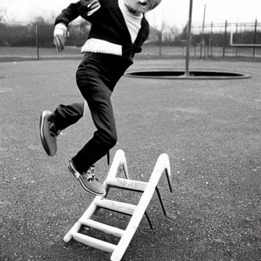 Image similar to david bowie goes skipping in a school playground