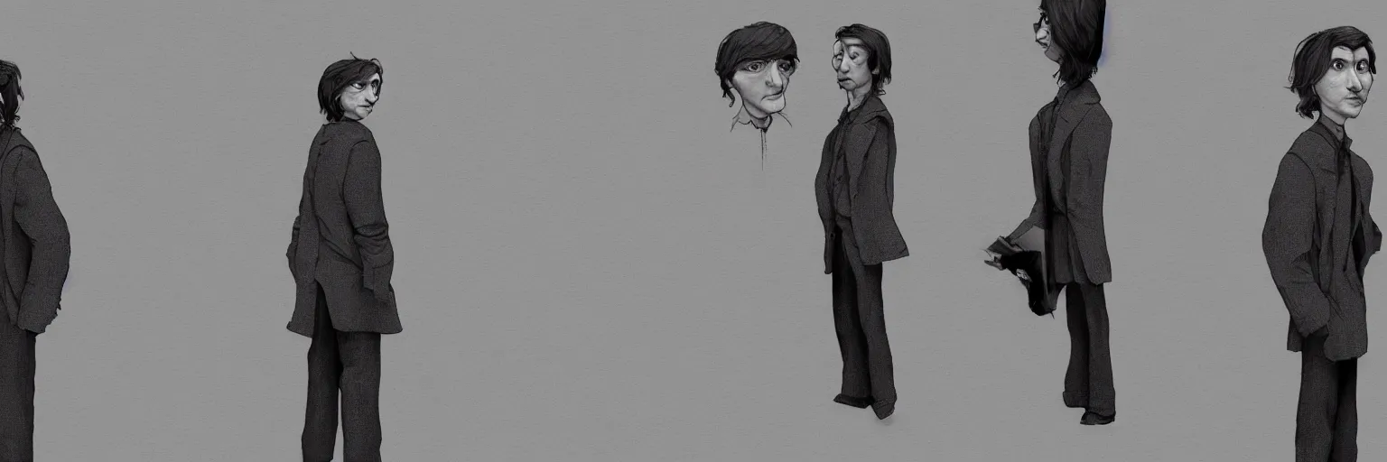 Image similar to character study of paul dano and tim burton, clear faces, emotional, character sheet, fine details, concept design, contrast, kim jung gi, pixar and da vinci, trending on artstation, 8 k, full body and head, turnaround, front view, back view, ultra wide angle