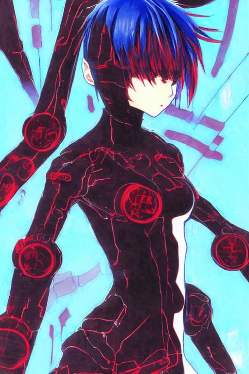 Prompt: manga cover art of a mysterious blue-haired red-eyed anime girl wearing a plugsuit, serial experiments lain, painted by tsutomu nihei