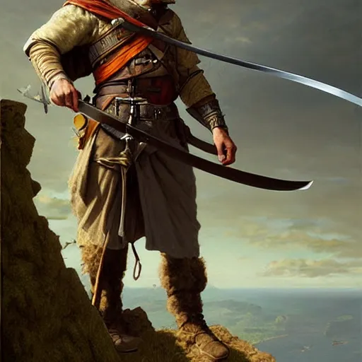 Prompt: rough middle age ranger with a falcon pet and a long sword, he is on top a cliff observing old ruins of a castle, elegant clothing, photorealistic render, matte patining, highly detailed, artstation, smooth, sharp focus, art by michael whelan, artgerm, greg rutkowski and alphonse mucha