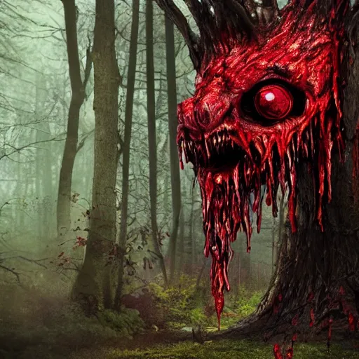 Prompt: photorealistic fantasy monster dripping with blood, lurking in the woods, found footage, hyper realistic