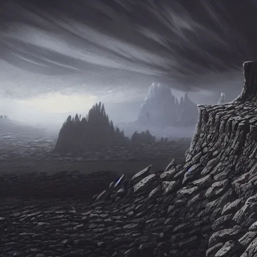 Image similar to basalt cliffs with sharp edges, dark atmosphere fantasy landscape, high detail, fantasy art, concept art, 4 k, ultra detail, computer art