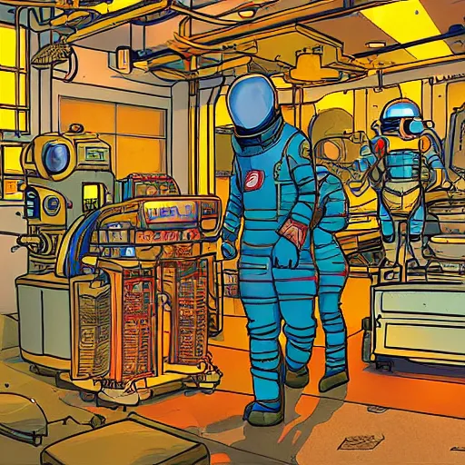 Image similar to asian space merchant in their shop, Industrial Scifi, detailed illustration, character design, by Martin Grip and Moebius