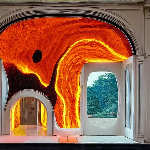 Image similar to surreal gigantic sculptural blobs of lava coming out in smooth bulbous shapes from the front door and lower windows of an elegant three-storey 19th-century house, installation art by Max Ernst and René Magritte reimagined by industrial light and magic