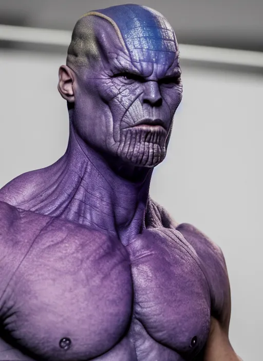 Image similar to hyperrealistic and heavy detailed off white runway show of thanos ( marvel comics ), leica sl 2 5 0 mm, vivid color, high quality, high textured, real life