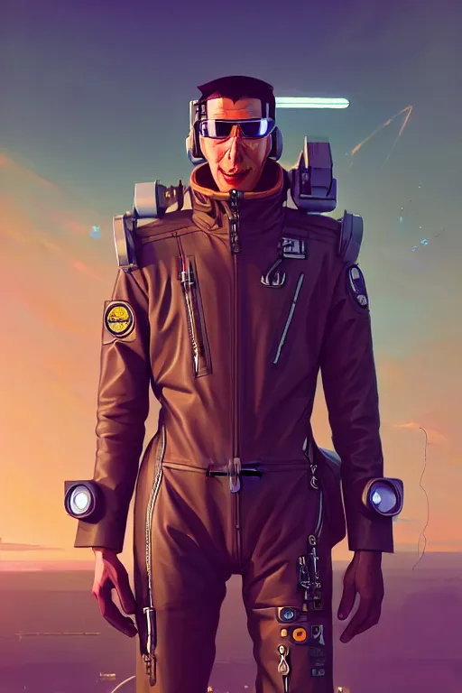 Image similar to wide view, diesel punk retro - futurist pilot, wearing a cyberpunk leather pilots uniform, transparent, behance hd artstation, by jesper ejsing by rhads, makoto shinkai and lois van baarle, ilya kuvshinov, rossdraws, cinematic lighting, sharp focus