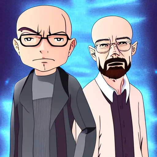 Prompt: jesse pink man and walter white in an anime, 4 k, anime style