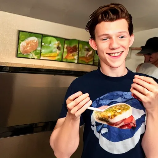 Image similar to Tom Holland eating spam musubi