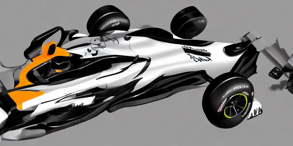 Image similar to hybrid design between McLaren MCL34 F1 car 2021 and Ford Mustang GT 2021. No background, concept art style.