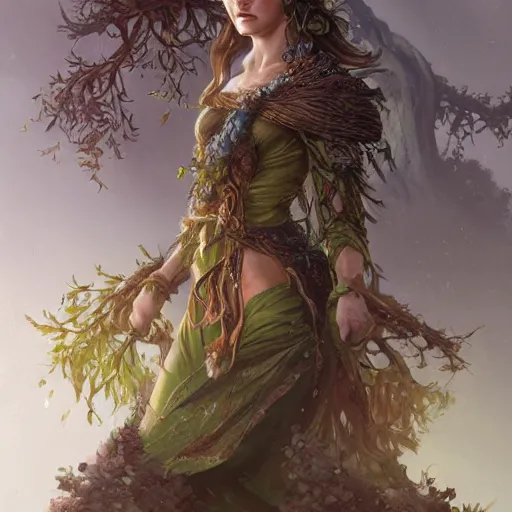 Image similar to a woman tree druid with leaf themed clothing, fully clothed, D&D, fantasy, intricate, cinematic lighting, highly detailed, digital painting, artstation, concept art, smooth, sharp focus, illustration, art by Justin Gerard