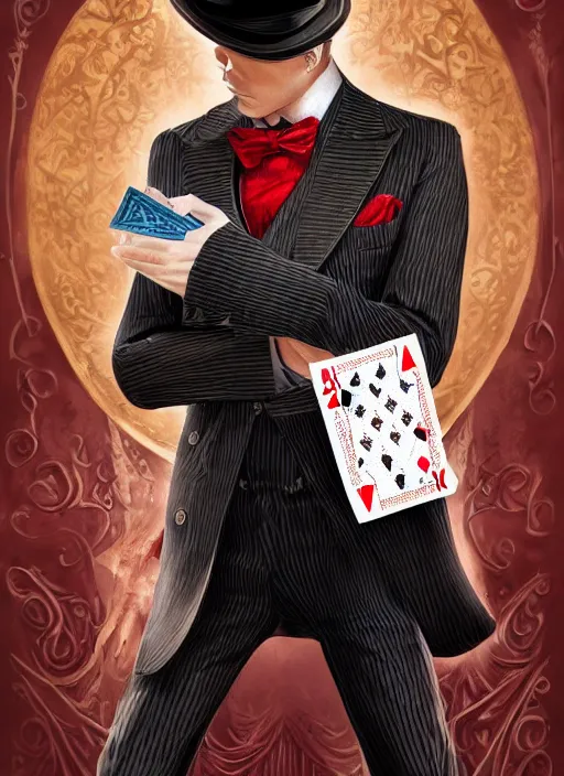 Image similar to a highly detailed illustration of stylish top hat wearing red haired attractive man, wearing suit vest, flashy leaning back holding playing cards pose, intricate, elegant, highly detailed, centered, digital painting, artstation, concept art, smooth, sharp focus, league of legends concept art, WLOP