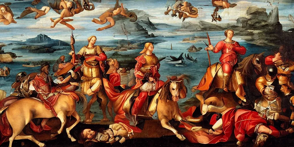 Image similar to renaissance-style painting of knights riding orcas instead of horses on a battlefield in Italy, very dramatic atmosphere,