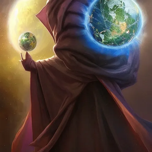 Image similar to creator of worlds wearing a cloak, masked, and holding a holographic planet projection in his hand, detailed, sci - fi, digital painting, artstation, sharp focus, illustration, ominous, artgerm, tomasz alen kopera, peter mohrbacher, donato giancola, joseph christian leyendecker, wlop, frank frazetta