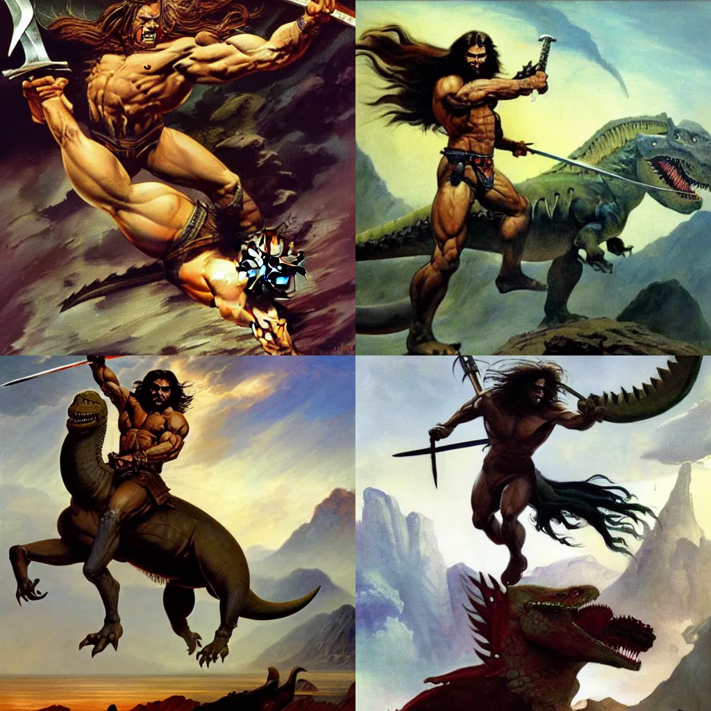 Prompt: a painting of a muscular, long-haired warrior holding a sword and riding a dinosaur by Frank Frazetta, high quality, 4k, epic, dramatic, perfect composition