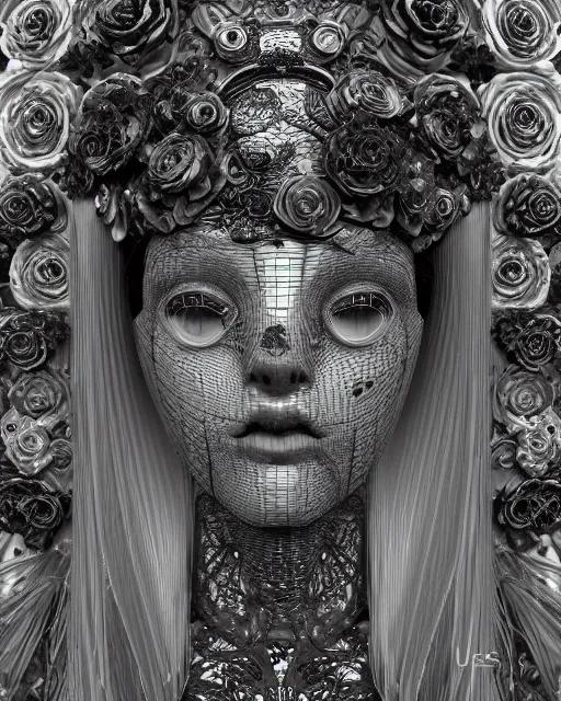 Image similar to mythical dreamy black and white organic bio - mechanical spinal ribbed profile face portrait detail of translucent steampunk beautiful female angelic - human - queen - vegetal - cyborg, highly detailed, intricate crystal ivy jelly ornate, poetic, translucent roses ornate, 3 d render, digital art, octane render, 8 k artistic photography, photo - realistic, by dora maar