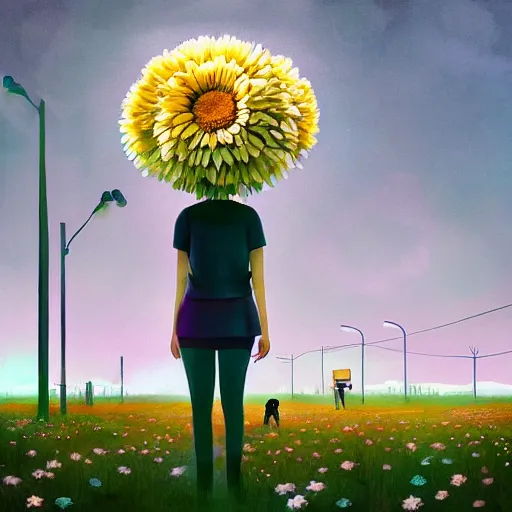 Prompt: huge daisy flower head, woman in modern city, surreal photography, night light, dark, impressionist painting, digital painting, artstation, simon stalenhag