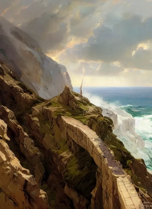 Prompt: steep cliffs overlooking a stormy sea, extremely detailed oil painting, sargent and leyendecker, savrasov levitan polenov, bruce pennington, tim hildebrandt, digital art, landscape painting, trending on artstation, masterpiece