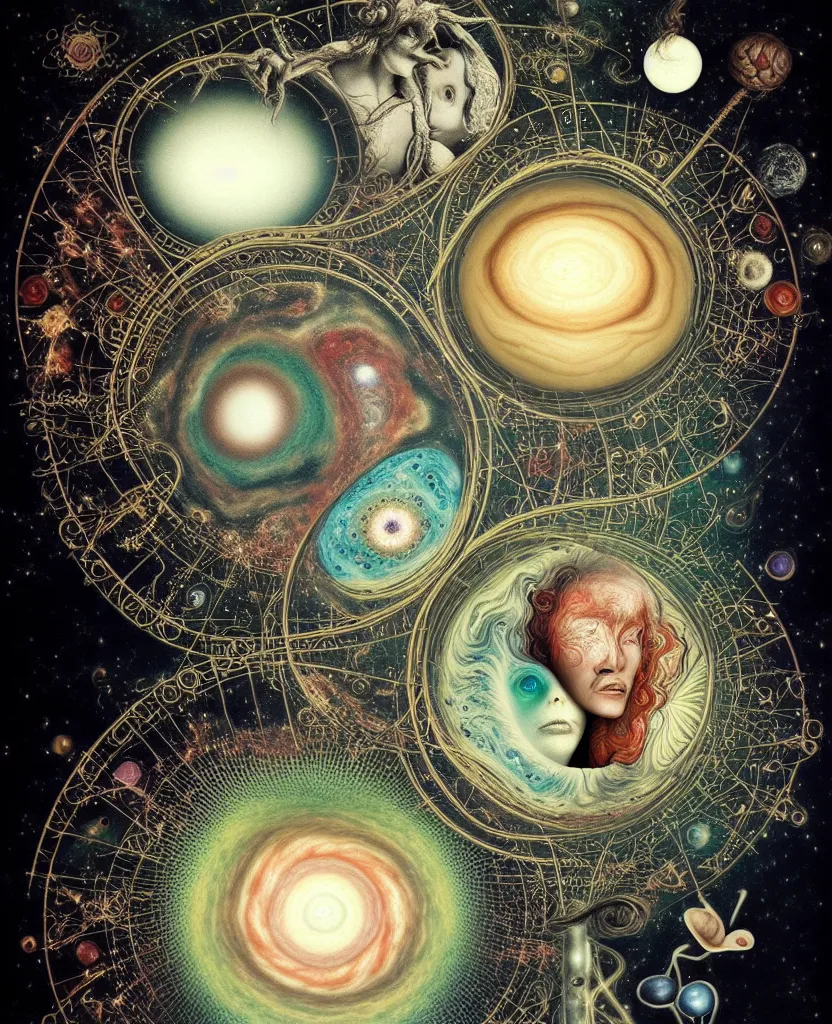 Image similar to inside the universe of a human body soul, whimsical uncanny creature alchemizes unique canto about'as above so below'being ignited by the spirit of haeckel and robert fludd, breakthrough is iminent, glory be to the magic within, to honor jupiter, surreal collage by ronny khalil