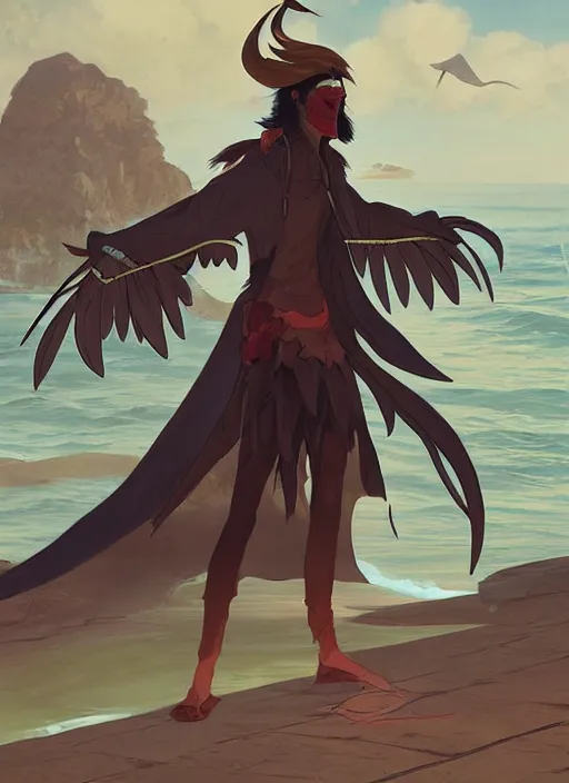 Prompt: concept art painting of an androgynous bird person with human face and black feathers, pirate clothes, by the ocean, detailed, cel shaded, in the style of makoto shinkai and james gurney and moebius and greg rutkowski and artgerm