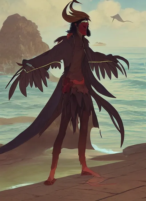 Image similar to concept art painting of an androgynous bird person with human face and black feathers, pirate clothes, by the ocean, detailed, cel shaded, in the style of makoto shinkai and james gurney and moebius and greg rutkowski and artgerm