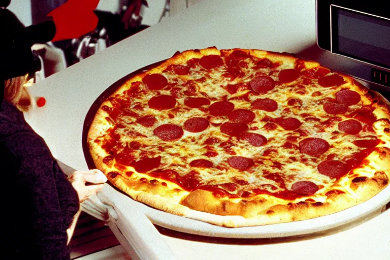 Image similar to stuffed crust pizza in cyberspace, in 1 9 8 5, y 2 k cybercore, industrial low - light photography, still from a ridley scott movie