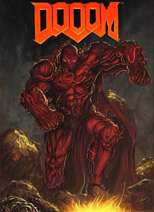 Prompt: ( doom ) box cover featuring hellknight by kenneth scott