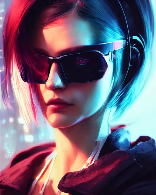 Prompt: beautiful lady wearing cyberpunk streetwear, detailed portrait, 4 k, vivid colours, concept art by wlop, ilya kuvshinov, artgerm, krenz cushart, greg rutkowski, pixiv. cinematic dramatic atmosphere, sharp focus, volumetric lighting, cinematic lighting, studio quality