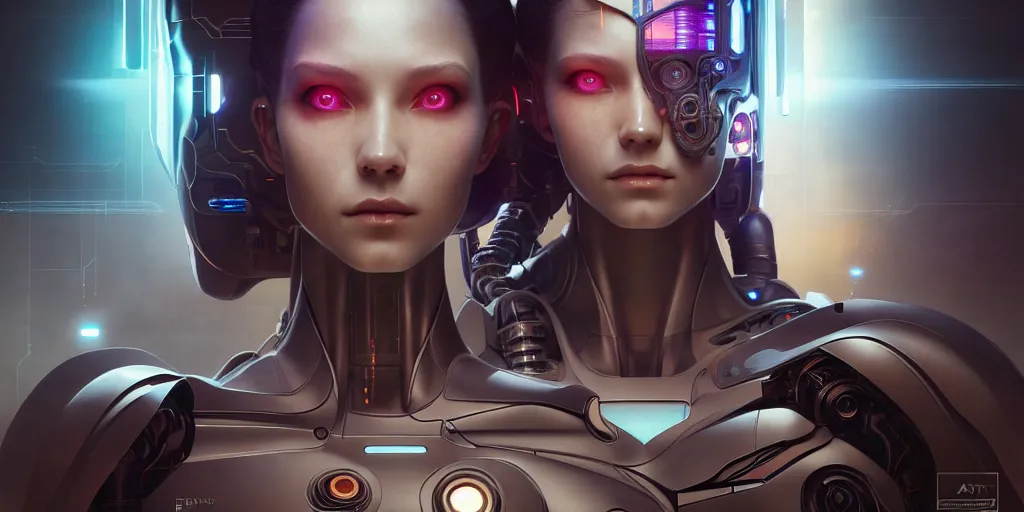 Image similar to ultra detailed, the creation of a female android, sci - fi, eerie, cyborg, cyberpunk, fantasy, triadic color scheme, octane render, matte painting, asymmetrical, intricate concept art, triadic color scheme, art by artgerm and michelangelo and dzo and greg rutkowski and alphonse mucha and wlop