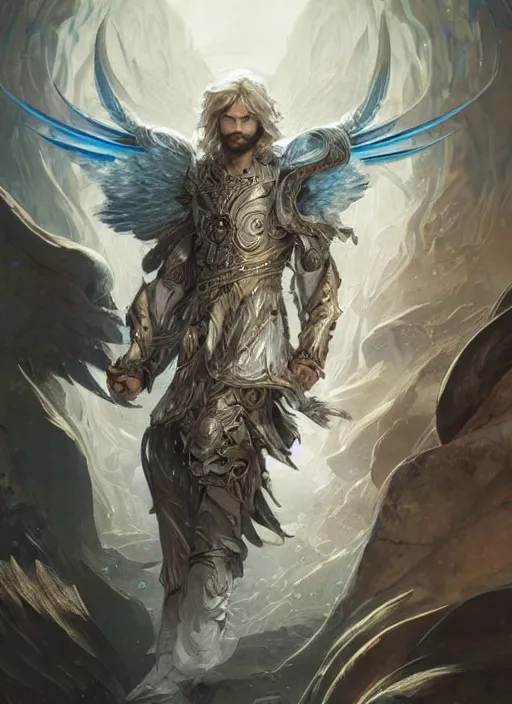 Image similar to Male Aasimar Paladin with shaggy silver hair, brown scruffy beard, energy wings, epic, striking, fantasy, intricate, elegant, highly detailed, digital painting, artstation, concept art, smooth, sharp focus, illustration, art by Krenz Cushart and Artem Demura and alphonse mucha