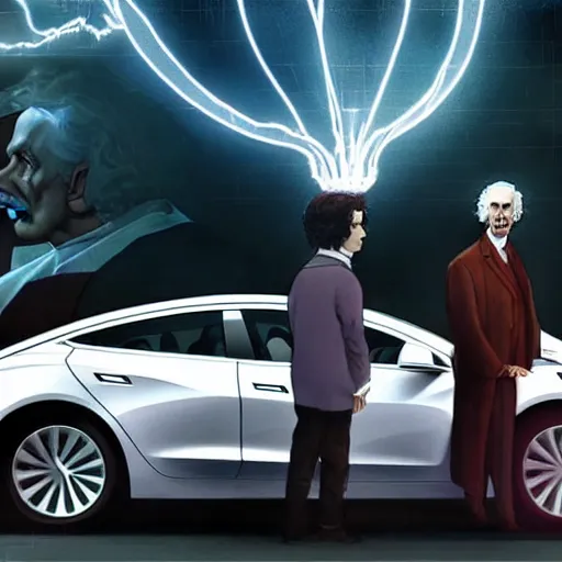Image similar to Full colour render of albert einstein and nikola tesla looking at a tesla model 3. 4K award winning photorealistic concept art. smooth, sharp focus, illustration, cyberpunk, dystopian by artgerm and moebius and alphonse mucha.