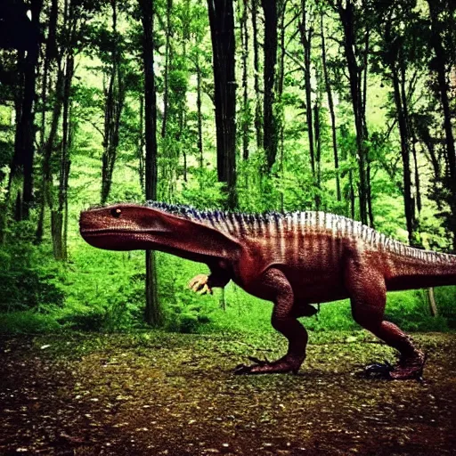 Image similar to “a Tyrannosaurus rex walking through a prehistoric forest”