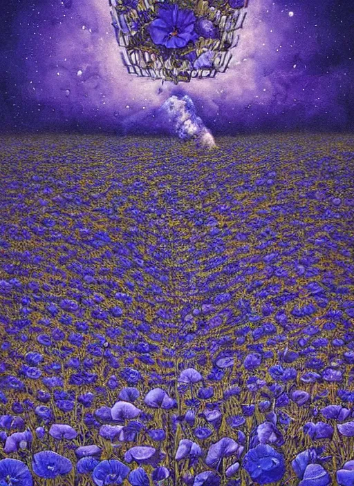 Image similar to detailed, intricate blue black and purple papaverum flower on the field, nebula, galaxy in the sky, winning award masterpiece, fantastically beautiful, illustration, aestheticly inspired, jacek yerka, upscale with anguissola sofonisba work, artstation, 8 k