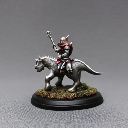 Prompt: D&D, high detail, miniature of medieval knight riding a dinosaur, heavy cavalry, Asgard rising, MyMiniFactory, 28mm scale