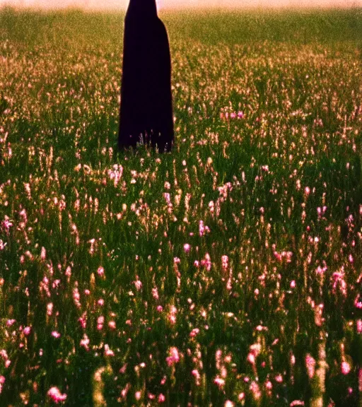 Image similar to tall hooded shadow person figure standing in beautiful meadow of flowers, film photo from 1970s, grainy, high detail, high resolution