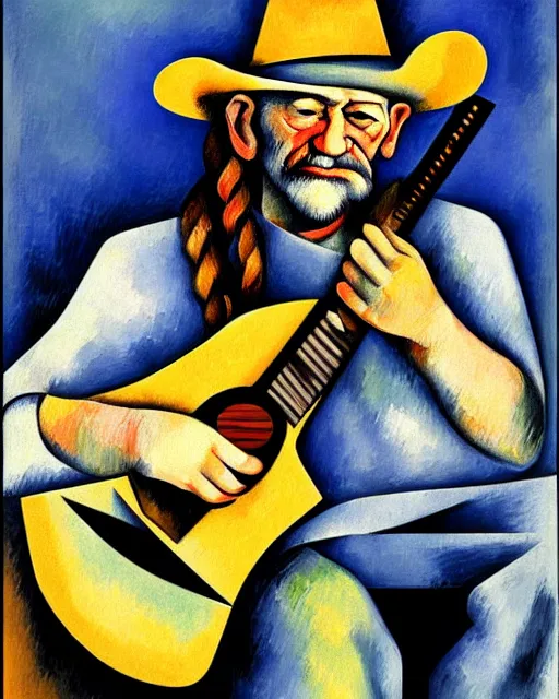 Image similar to a cubism portrait of willie nelson hugging his guitar, in the style of paul cezanne, digital art, hyperrealist