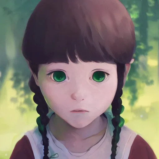 Image similar to portrait of a child with brown wavy pigtails and green eyes, forest background, highly detailed, digital painting, artstation, matte, by makoto shinkai, animation style, studio ghibli, anime key visual