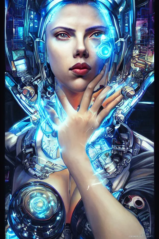 Prompt: celestial cyberpunk scarlett johansson with cybernetic implants emerging from the big bang, by artgerm and yoshitaka amano and moebius and alphonse mucha, hyperdetailed, dc comics, ornate, nebula, explosions in the sky, trending on artstation