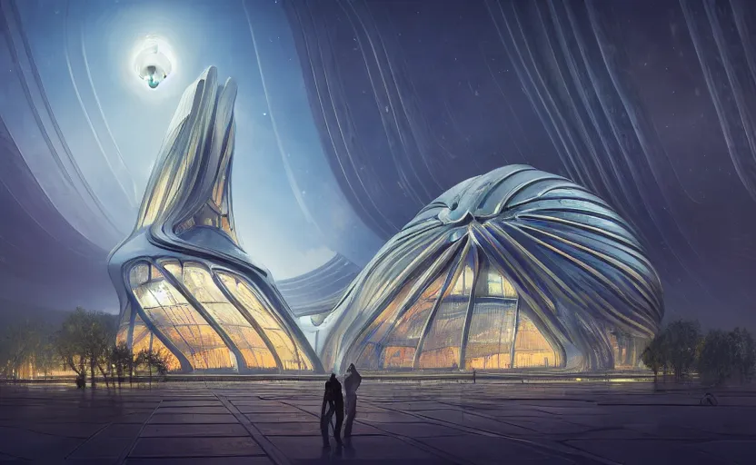 Image similar to exterior shot of utopian architecture transparent building with cinematic lighting by zaha hadid and renzo piano, darek zabrocki and greg ruthkowski, alphonse mucha, simon stalenhag, cinematic, stars, beautiful, holy place, paradise, scifi, futurism, atmospheric, concept art, artstation, trending on artstation