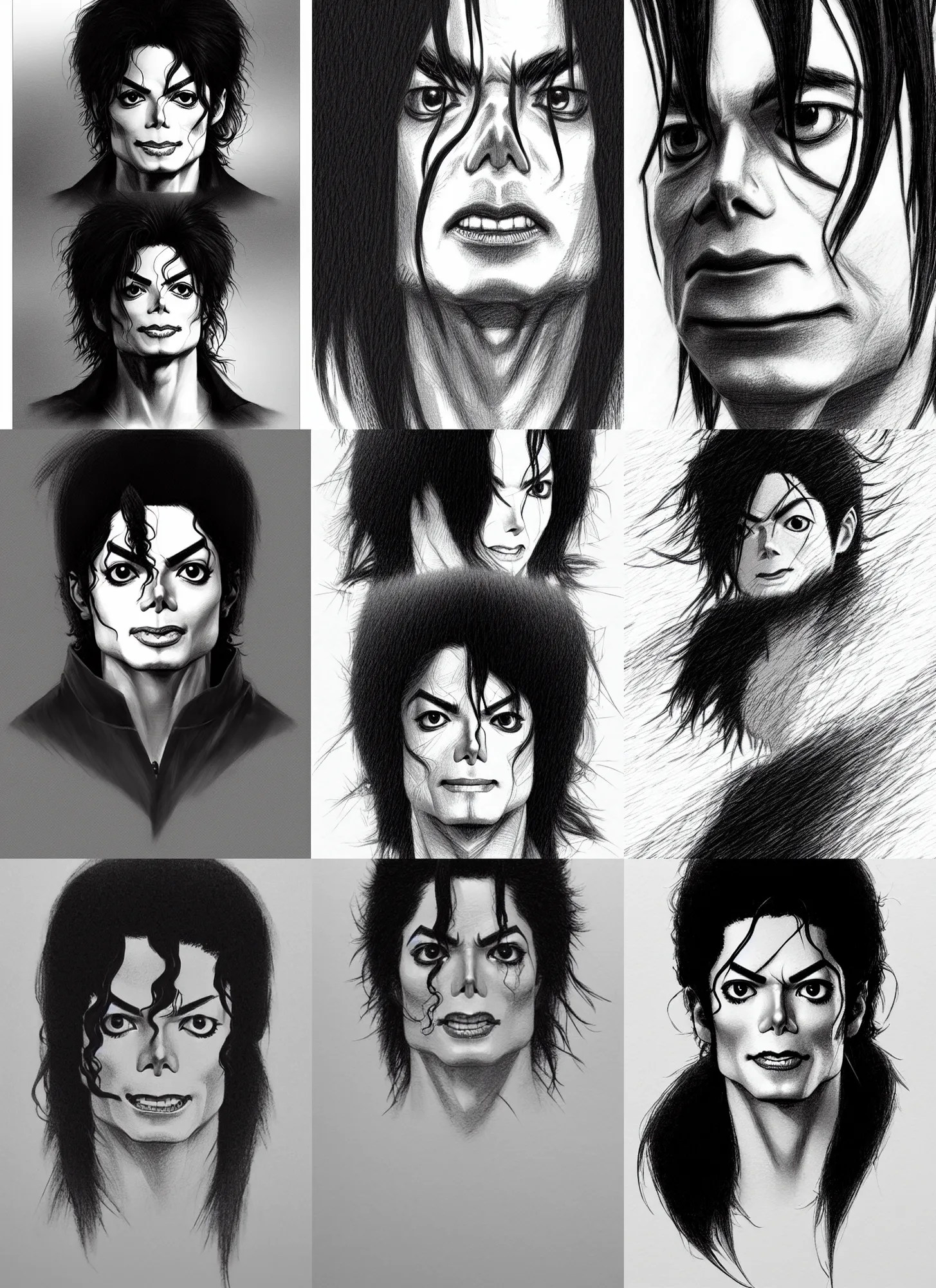 Prompt: pencil manga michael jackson head macro portrait manga random angle, concept art by greg rutkowski