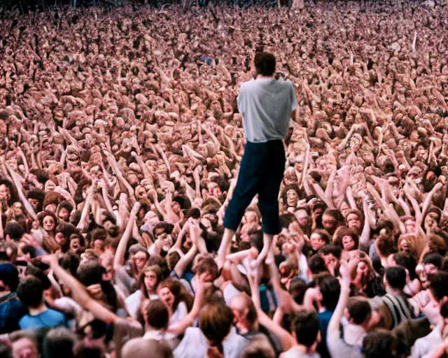 Image similar to crowd rage against an enormous huge ( ( ( leg ) ) ) on stage in vienna, shot on kodak portra 4 0 0 3 5 mm film