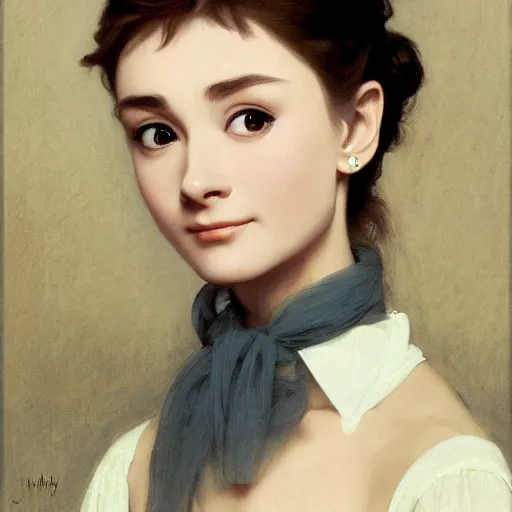 Image similar to A masterpiece head and shoulders portrait of Audrey Hepburn by William Adolphe Bouguereau and Makoto Shinkai
