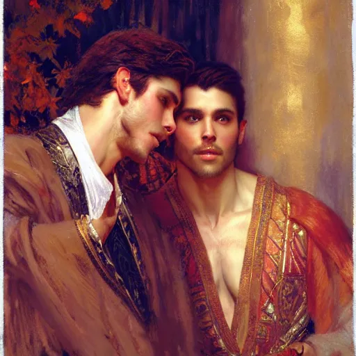 Image similar to attractive fully clothed king confesses his love for his attractive fully clothed male prince. highly detailed painting by gaston bussiere, craig mullins, j. c. leyendecker 8 k