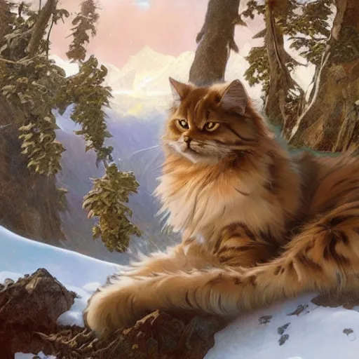 Image similar to Concept art, A shiny Siberian cat sitting by snow mountains, 8k, alphonse mucha, james gurney, greg rutkowski, john howe, artstation