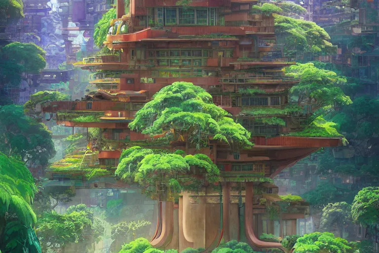 Image similar to solarpunk kowloont by frank lloyd wright, still from studio ghibli anime movie, cyberpunk tree house, digital art, artgerm, trending on artstation