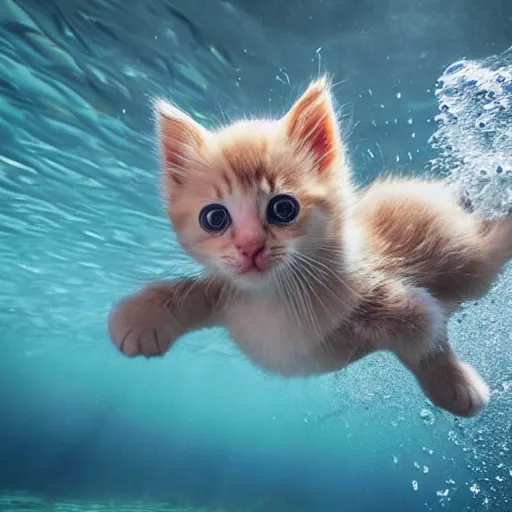 Prompt: a cute baby kitten swimming underwater trying to catch a fish, (((water bubbles))), award-winning photograph, national geographic, 8K UHD