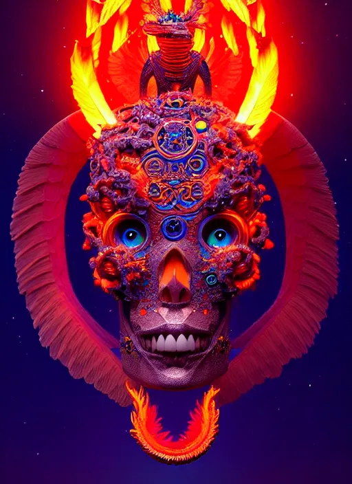 Image similar to 3 d goddess portrait, 8 k micro details global illumiantion beautiful intricate highly detailed quetzalcoatl skull and feathers. bioluminescent, fire, snow, water, wind, creature, thunderstorm! artwork by tooth wu and wlop and beeple and greg rutkowski, trending on artstation,