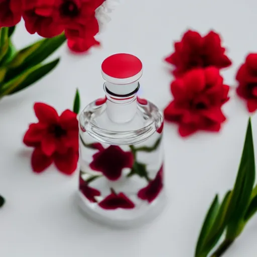 Prompt: perfume bottle sitting on a white surface surrounded by a plethora of red and white flowers, bright white realistic, up close shot, white background, zen, light, modern minimalist f 2 0