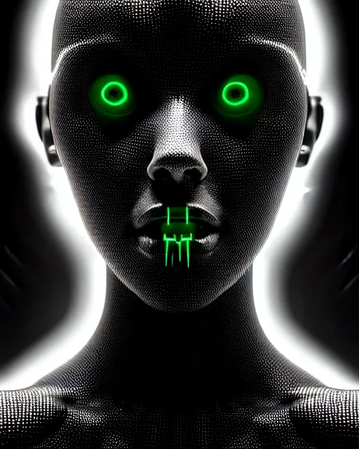 Image similar to black and white cyborg-plant goddess high quality photo, artificial intelligence, bio-mechanical bio-luminescence, artificial spider web, neurons, nerve cells, octane render, cinematic, rim light, hyper realism, photo-realistic, high detail, 8k, in the style of Steven Meisel and Dora Maar and H.G. Giger