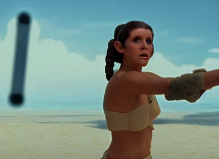 Image similar to glamour portrait of Princess Leia, played by Carrie Fischer, in thin bikini lightsaber training on beach planet, iconic scene from the 1980s film directed by George Lucas, cinematic lighting, hyper real, stunning cinematography, with anamorphic lenses, crisp, detailed portrait, 4k image